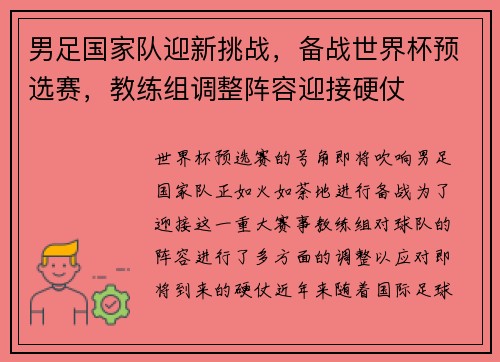 男足国家队迎新挑战，备战世界杯预选赛，教练组调整阵容迎接硬仗