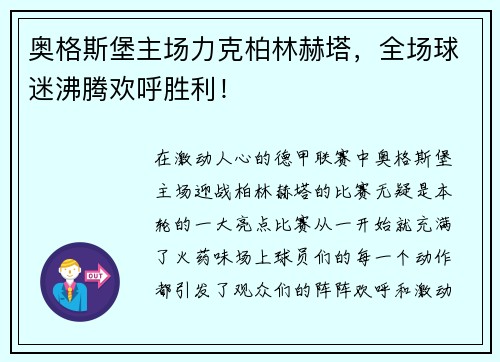 奥格斯堡主场力克柏林赫塔，全场球迷沸腾欢呼胜利！